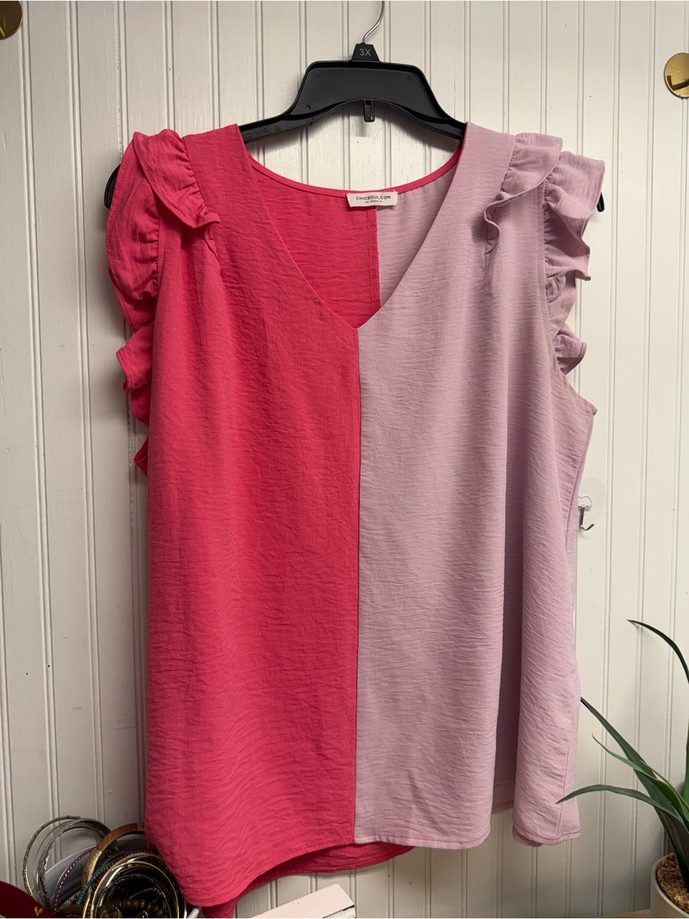 Colorblock Ruffle Sleeve V-Neck Top - Pink & Lilac